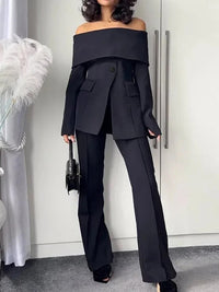 Solid Color Split-Front Split-Joint Long Sleeves Off-The-Shoulder Blazer