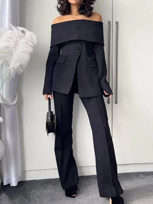 Solid Color Split-Front Split-Joint Long Sleeves Off-The-Shoulder Blazer