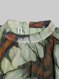 Balloon Sleeves Long Sleeves Big Hemline Contrast Color Pleated Print Zipper Stand Collar Maxi Dresses