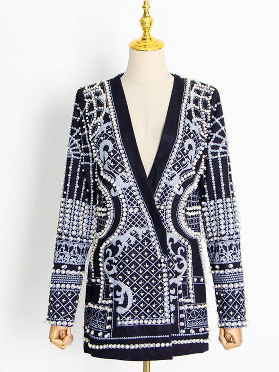 Original Creation Loose Long Sleeves Beads Printed V-Neck Blazer Outerwear