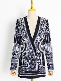 Original Creation Loose Long Sleeves Beads Printed V-Neck Blazer Outerwear