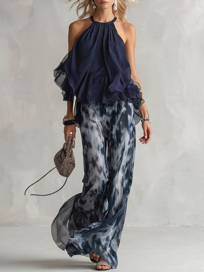 Pleated Ruffled Solid Color A-Line Sleeveless Halter-Neck Tank Top
