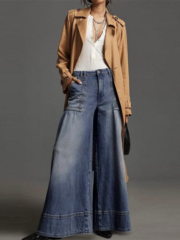 Wide Leg Buttoned Pockets Solid Color Split-Joint Zipper Jean Pants Bottoms Trousers