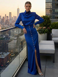 Split-Joint Heaps Collar Long Sleeves Pleated Blouses&Shirts Tops + Elasticated Waist Asymmetric Buttoned  Contrast Color Split-Side Zipper Skirts Bottoms Two Pieces Set