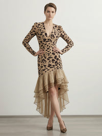 Bodycon High-Low Contrast Color Leopard Ruffled Split-Joint Deep V-Neck Midi Dresses