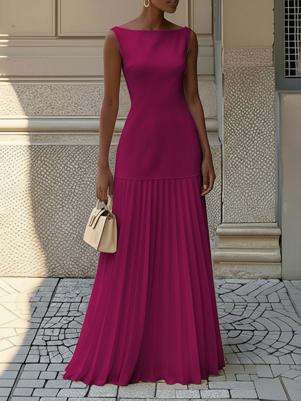 Gauze Pleated Solid Color Split-Joint Sleeveless Boat Neck Maxi Dresses Evening Dresses
