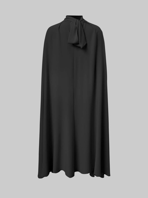 Simple Batwing Sleeves Lace-Up Solid Color High-Neck Midi Dresses