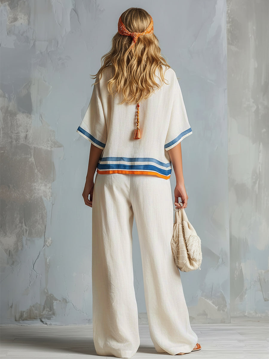 Striped Loose Three-quarter Sleeves Round-neck Blouses&shirts Tops