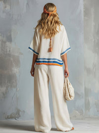 Striped Loose Three-quarter Sleeves Round-neck Blouses&shirts Tops