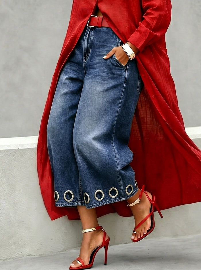 Hollow Pockets Loose Wide Leg Jean Pants Bottoms