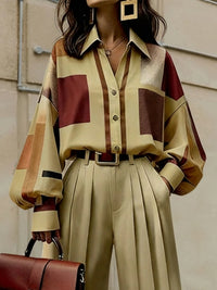 Long Sleeves Loose Buttoned Contrast Color Plaid Lapel Blouses&Shirts Tops