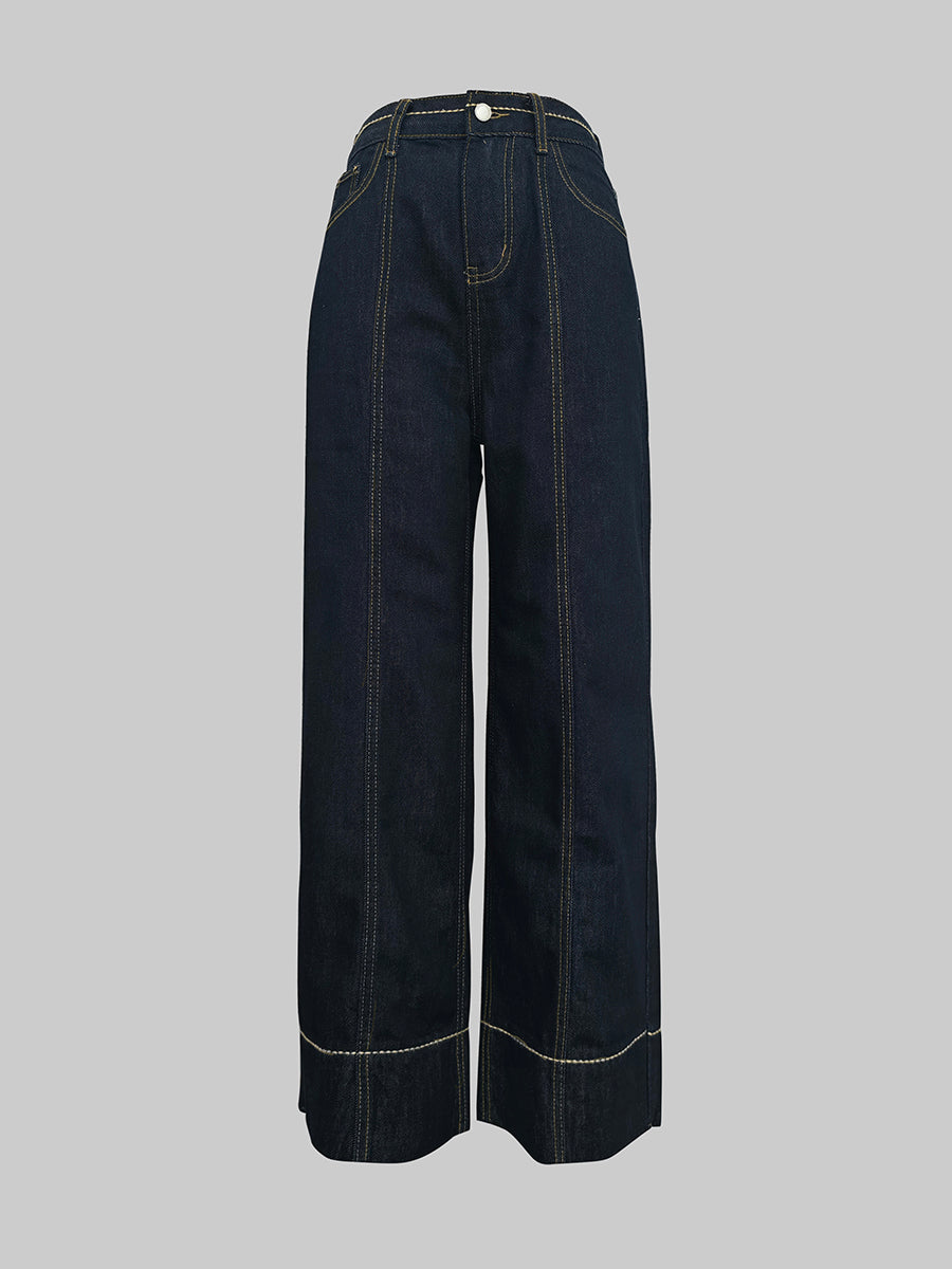 Pockets High Waisted Wide Leg Jean Pants Bottoms