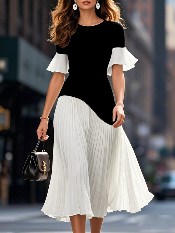 Flared Sleeves Half Sleeves Pleated Split-Joint Round-Neck Midi Dresses