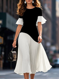 Flared Sleeves Half Sleeves Pleated Split-Joint Round-Neck Midi Dresses