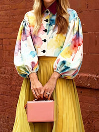 Long Sleeves Puff Sleeves Buttoned Contrast Color Print Lapel Blouses&Shirts Tops