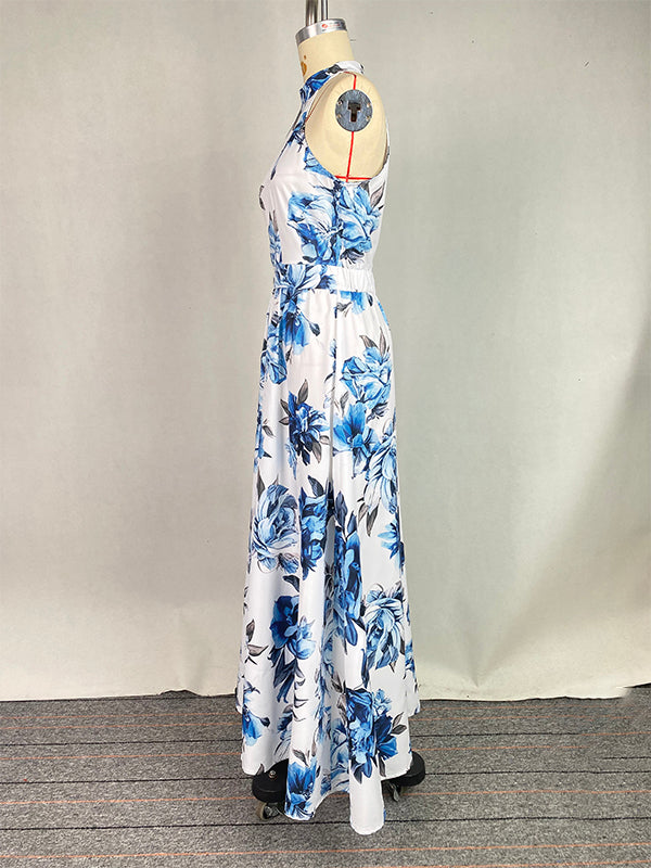 A-Line High Waisted Contrast Color Flower Print Pleated Halter-Neck Maxi Dresses