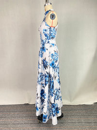 A-Line High Waisted Contrast Color Flower Print Pleated Halter-Neck Maxi Dresses