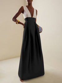 A-Line High Waisted Contrast Color Pleated Zipper Deep V-Neck Maxi Dresses