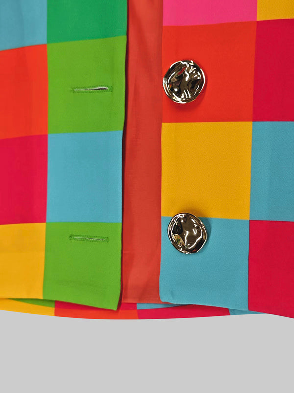 Loose Three-Quarter Sleeves Buttoned Plaid Lapel Outerwear