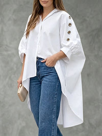 Buttoned Hollow Pleated Solid Color High-Low Loose Lapel Blouses&Shirts Tops