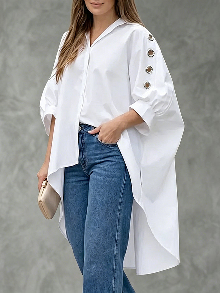 Buttoned Hollow Pleated Solid Color High-Low Loose Lapel Blouses&Shirts Tops