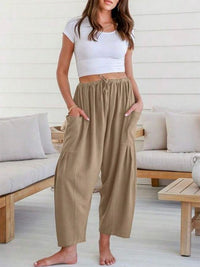 Column Loose Elasticity Pockets Solid Color Casual Pants Bottoms Trousers
