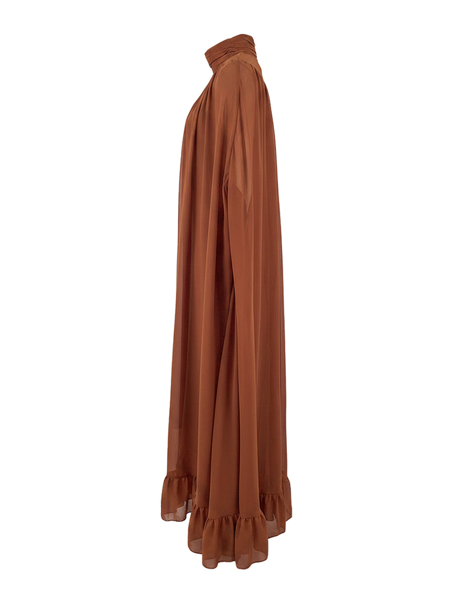Cape Irregularity Layered Pleated Ruffled See-Through Solid Color Split-Joint High Neck Maxi Dresses