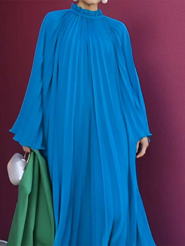 Pleated Ruffled Solid Color Split-Joint Flared Sleeves Loose High Neck Maxi Dresses
