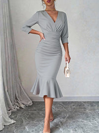 Bodycon Elasticated Waist Interlace Solid Color Split-Joint Split-Side Deep V-Neck Midi Dresses
