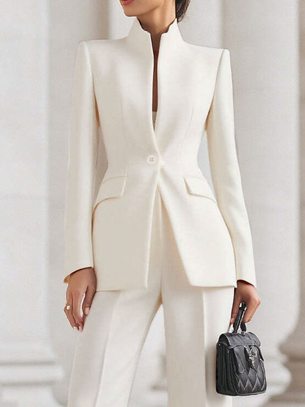 Long Sleeves Buttoned Pockets Solid Color Stand Collar Blazer Outerwear