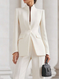 Long Sleeves Buttoned Pockets Solid Color Stand Collar Blazer Outerwear