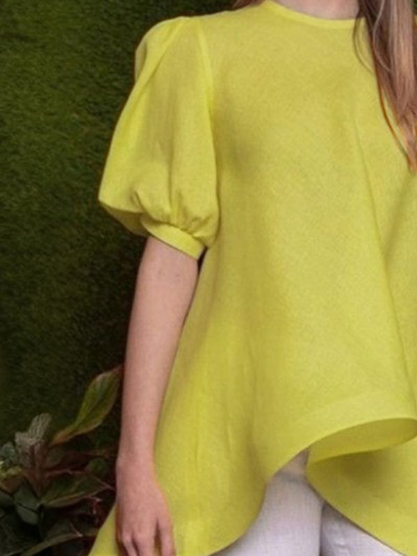 Pleated Solid Color High-Low Loose Round-Neck Blouses&Shirts Tops