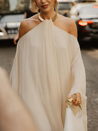 Long Sleeves Loose Solid Color Halter-Neck Maxi Dresses