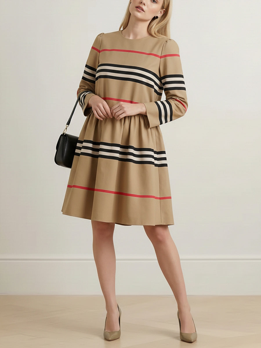 A-Line High Waisted Contrast Color Pleated Striped Zipper Mock Neck Midi Dresses