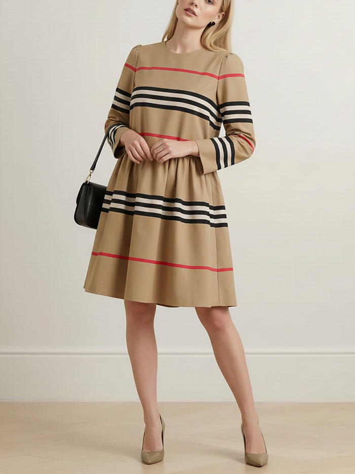 A-Line High Waisted Contrast Color Pleated Striped Zipper Mock Neck Midi Dresses