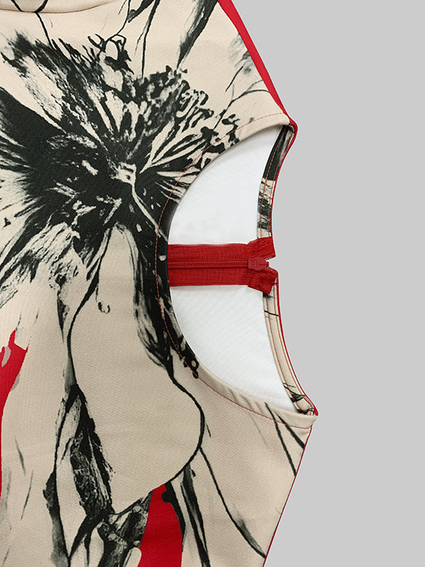 Contrast Color Flower Print Loose Three-Quarter Sleeves Round-Neck Midi Dresses