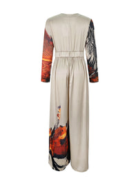 Long Sleeves Loose Floral Printed Pleated Split-Joint V-Neck Jumpsuits