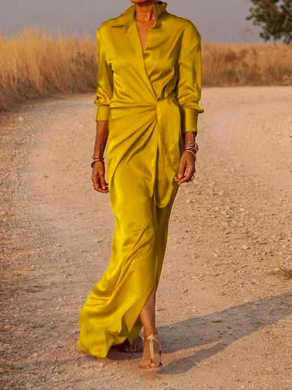 Long Sleeves Loose Solid Color Lapel Collar Maxi Shirt Dresses