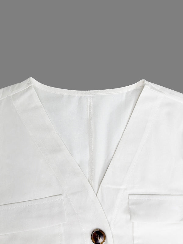 Buttoned Pockets Solid Color Loose Short Sleeves V-neck Jumpsuits