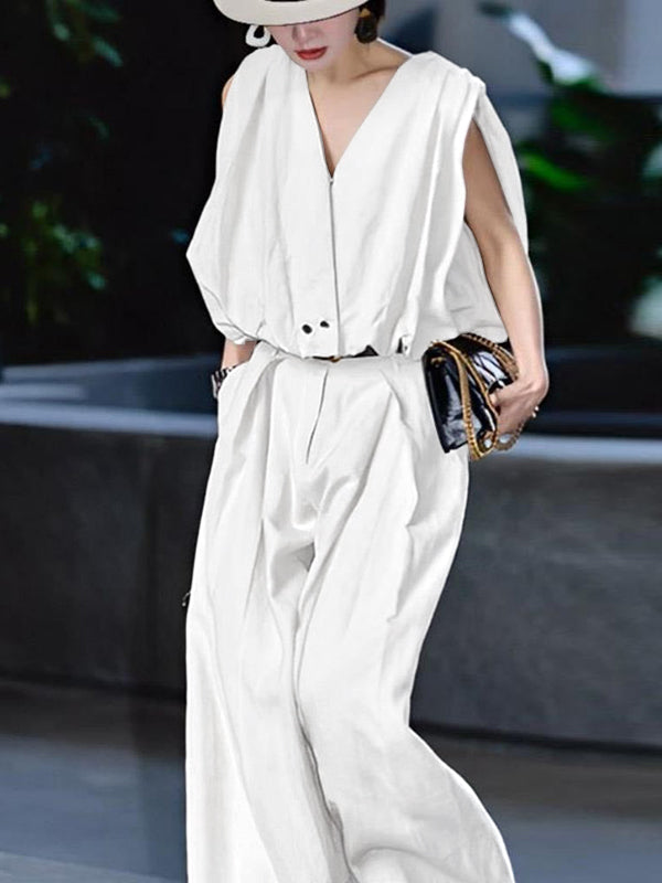 High Waisted Loose Pleated Solid Color Split-Joint Suit Pants