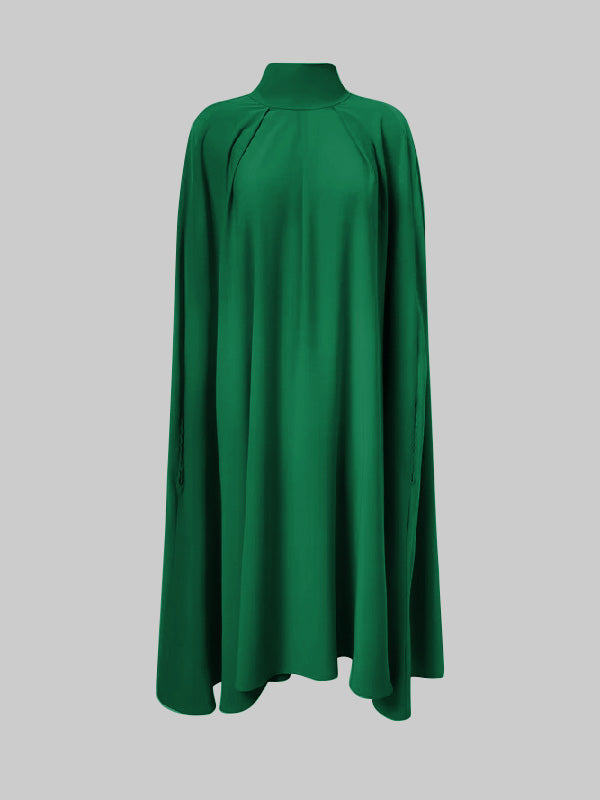 Simple Batwing Sleeves Lace-Up Solid Color High-Neck Midi Dresses
