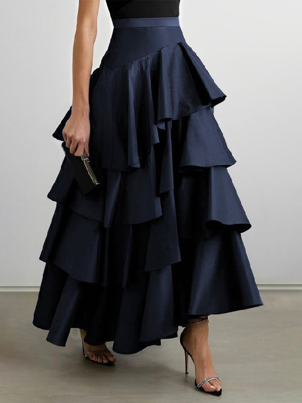 Stylish Selection A-Line High Waisted Falbala Solid Color Skirts Bottoms