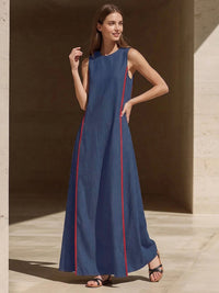 A-Line Loose Contrast Color Pockets Split-Joint Round-Neck Maxi Dresses