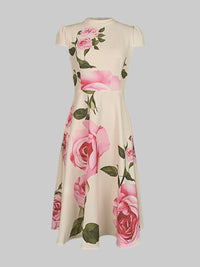 Short Sleeves Skinny Flower Print Stand Collar Midi Dresses