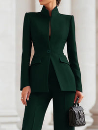 Long Sleeves Buttoned Pockets Solid Color Stand Collar Blazer Outerwear