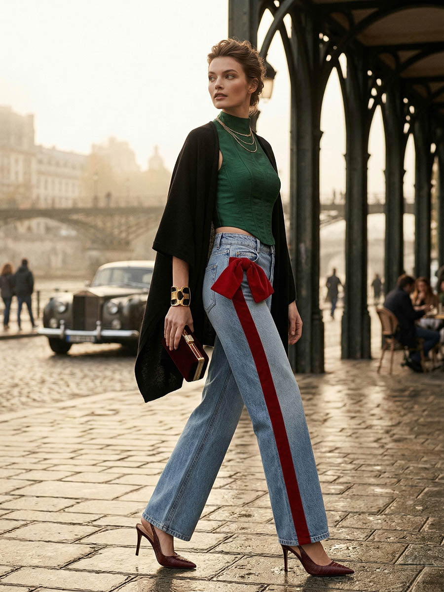 Wide Leg Bow-Embellished Contrast Color Jean Pants Bottoms