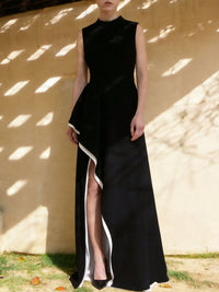 Contrast Color Irregular Clipping Skinny Round-Neck Maxi Dresses