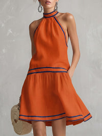 Contrast Color Pockets Zipper A-line Sleeveless Halter-Neck Mini Dresses