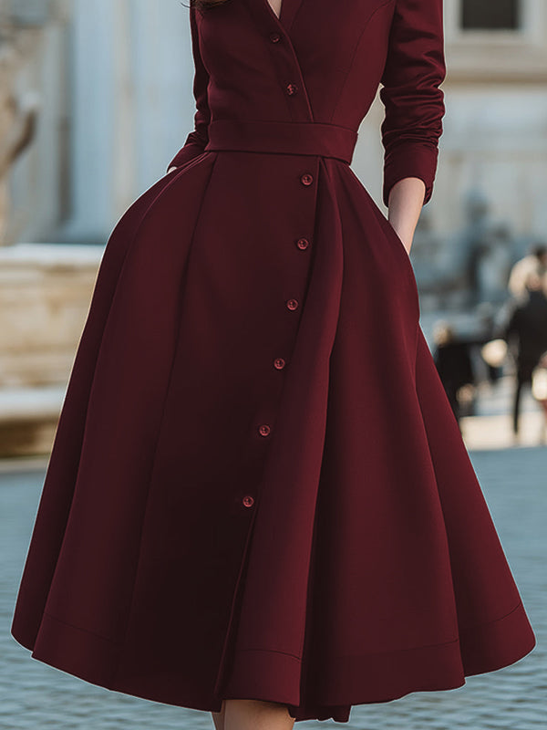 Buttoned Pockets Solid Color Split-Joint A-Line High Waisted Stand Collar Midi Dresses