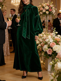 A-Line Long Sleeves Bow-Embellished Pleated Solid Color Split-Joint High Neck Maxi Dresses